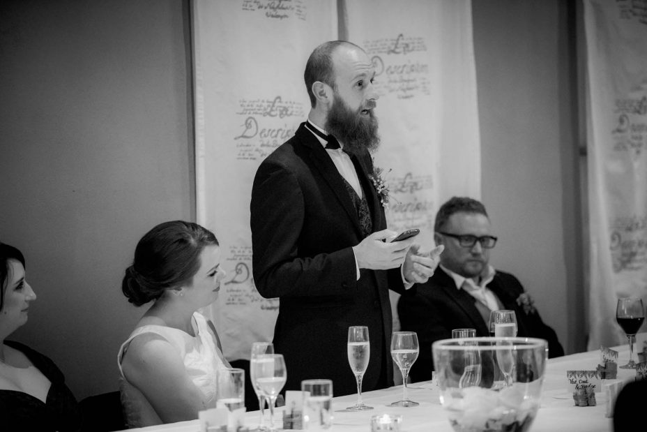 Groom makes his speech during his wedding reception at Mantells in Mount Eden.