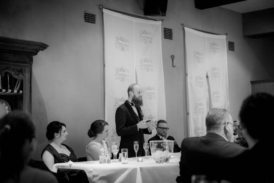 Groom makes his speech during his wedding reception at Mantells in Mount Eden.